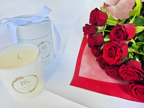 1/2 Dozen Red Roses and Red Shed "Island Haven" Candle