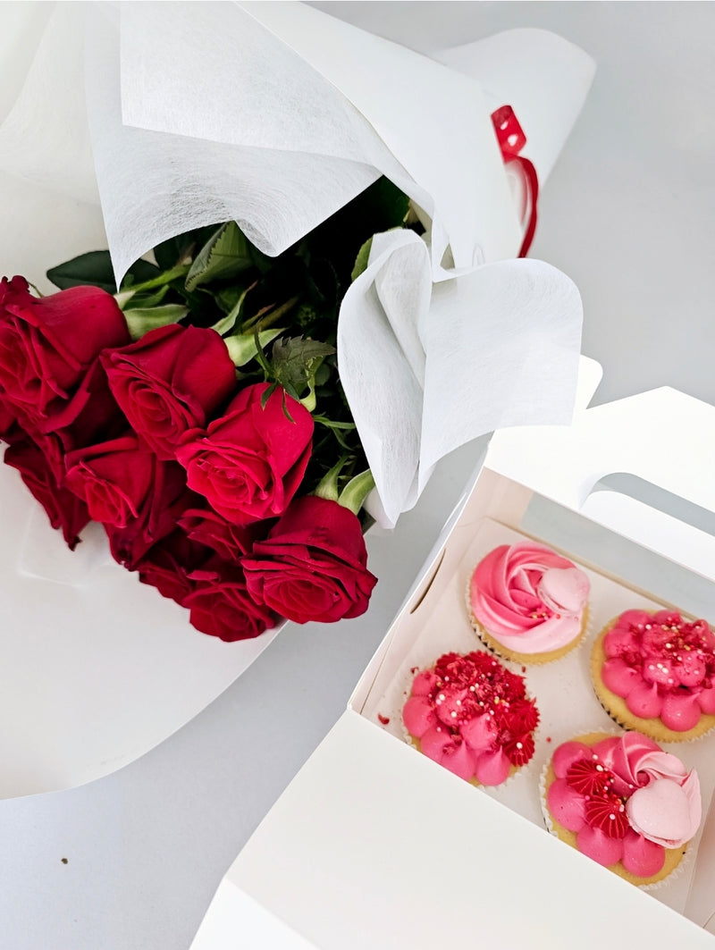 Dozen Red Roses with Cupcakes